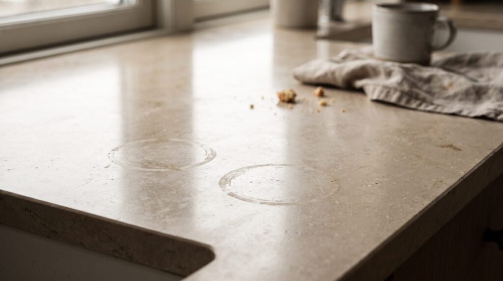 Dull ring mark on a polished marble surface