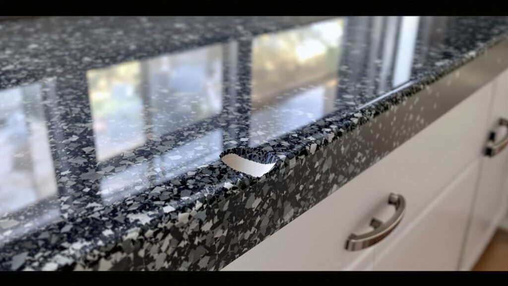 Close view of a small chip broken out of the polished edge of a dark speckled granite countertop