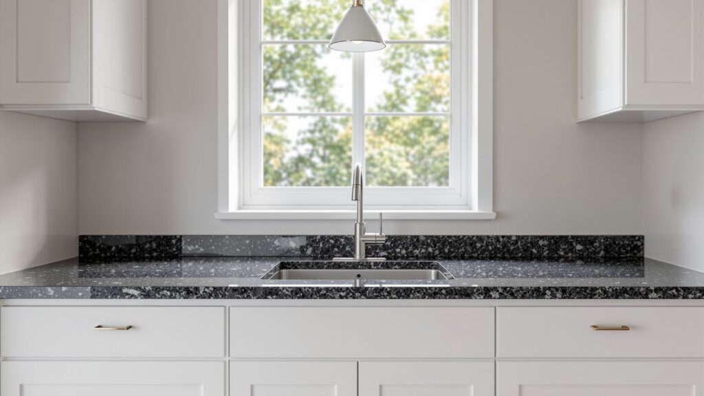 Dark speckled granite kitchen counter, polished, with a window and pendant light reflected in the surface
