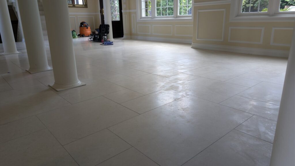 Floor machines set up in the hall of a West Vancouver home at the start of a marble floor restoration