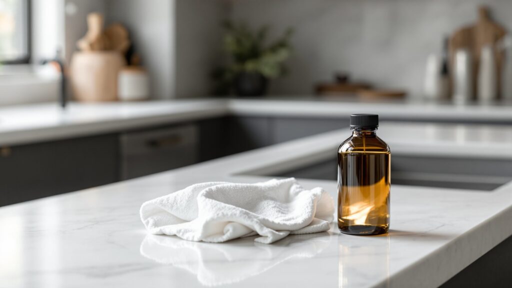 A small bottle of penetrating stone sealer and a folded white cloth on a white marble kitchen counter