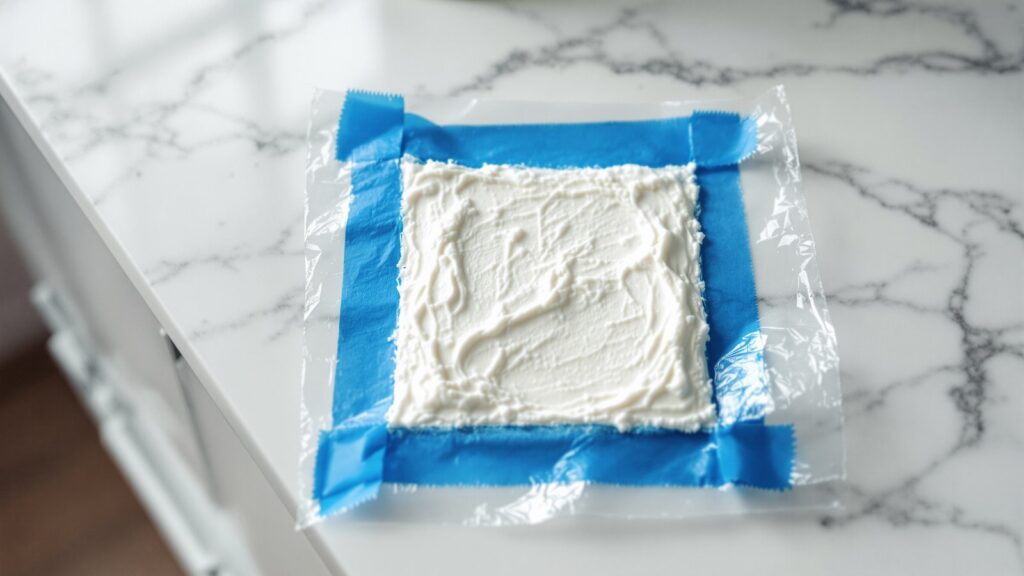 A square of white poultice paste on a marble vanity top, covered with plastic film and taped at the edges